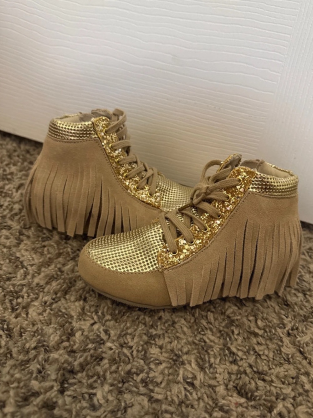 Joyfolie Tan and Gold Fringe High-Top Boots for Kids